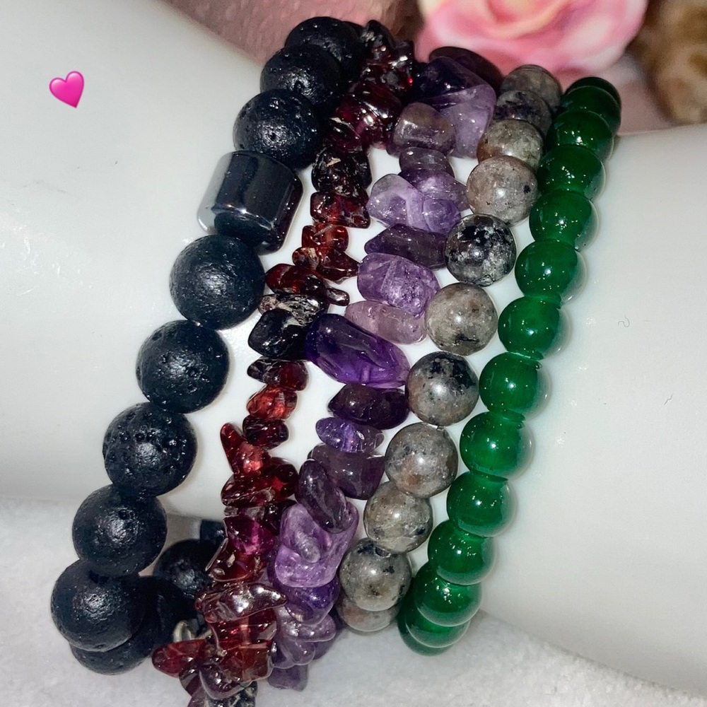 5x Natural Gemstone Beaded Handmade Bracelet Set Yooperlite Pink Tourmaline - Picture 6 of 7